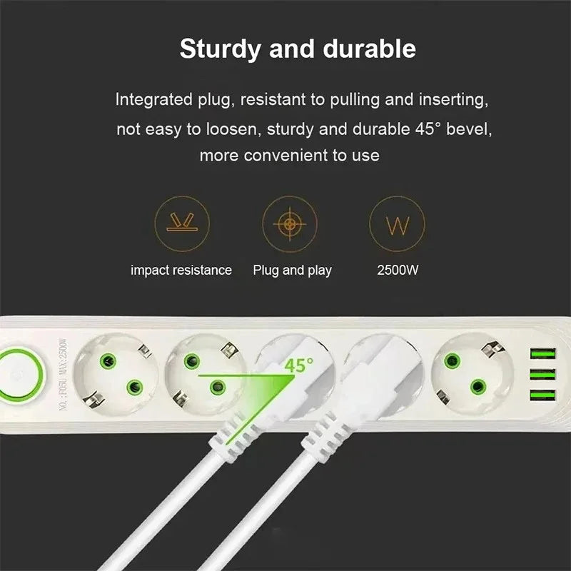 2M Cable EU Plug Power Strip with 3 USB Socket Network Filter Round Pin AC Outlet Ports Extension Cord Electrical Charge Adapter