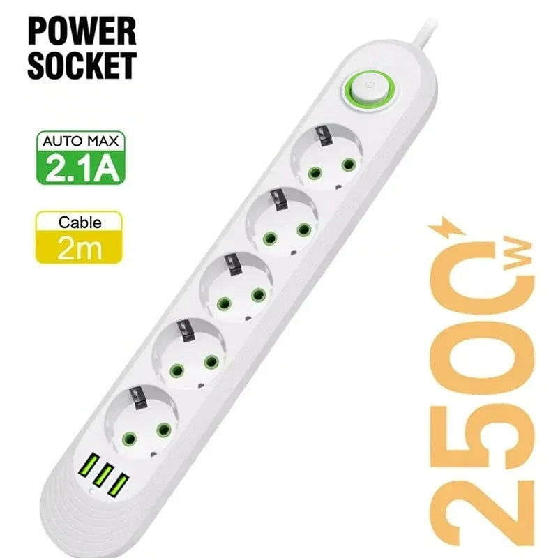 2M Cable EU Plug Power Strip with 3 USB Socket Network Filter Round Pin AC Outlet Ports Extension Cord Electrical Charge Adapter