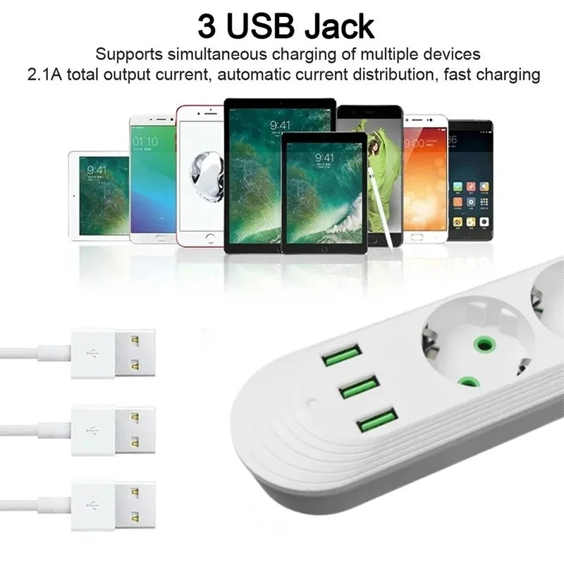 2M Cable EU Plug Power Strip with 3 USB Socket Network Filter Round Pin AC Outlet Ports Extension Cord Electrical Charge Adapter