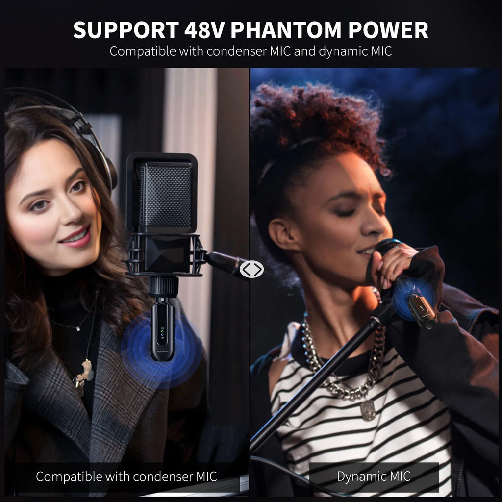 Wireless Microphone Transmitter Receiver 2.4Ghz XLR System Mic Adapter for Audio Mixer Dynamic 48V Phantom Power Condenser