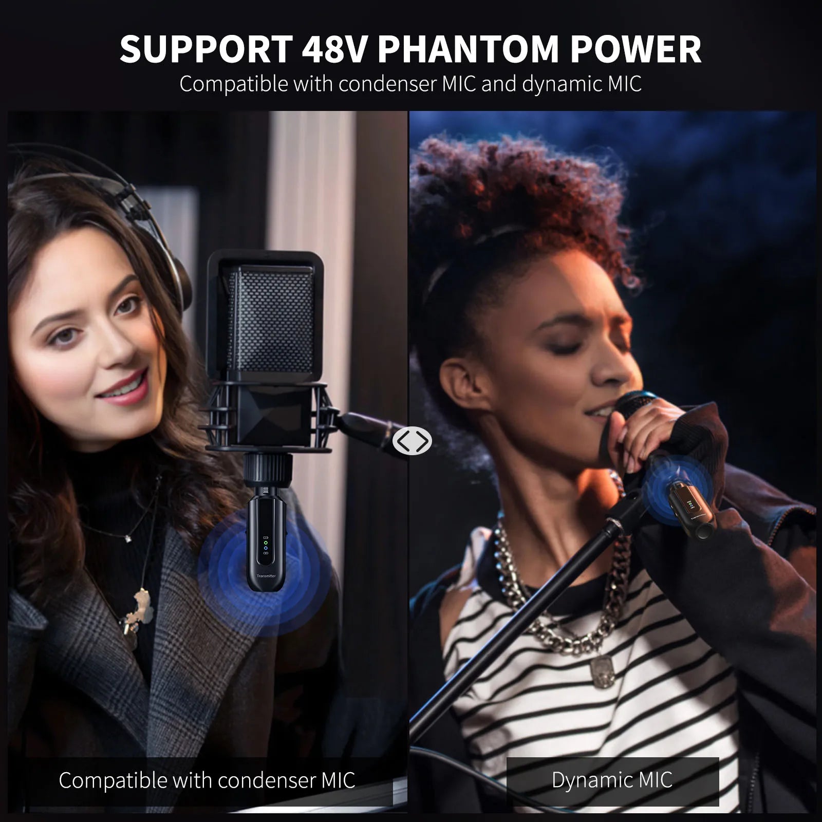 Wireless Microphone Transmitter Receiver 2.4Ghz XLR System Mic Adapter for Audio Mixer Dynamic 48V Phantom Power Condenser