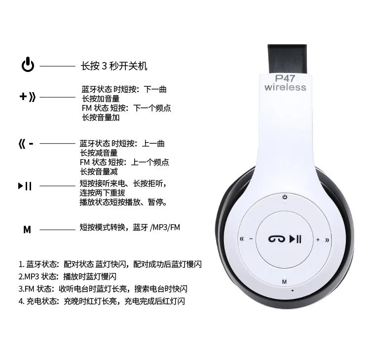 P47 Wireless Bluetooth Headphone With Microphone Foldable Headsets Bass HiFi Sound Music Stereo Earphone For Smartphones TV Game