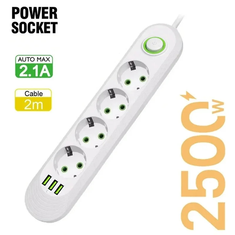 2M Cable EU Plug Power Strip with 3 USB Socket Network Filter Round Pin AC Outlet Ports Extension Cord Electrical Charge Adapter