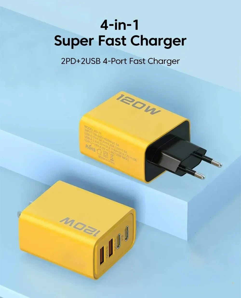 Total 120W Fast Charging Quick Charger PD USB Type-C Wall Adapter for iPhone 16/15/14 Xiaomi Huawei Redmi Oneplus Phone Charger