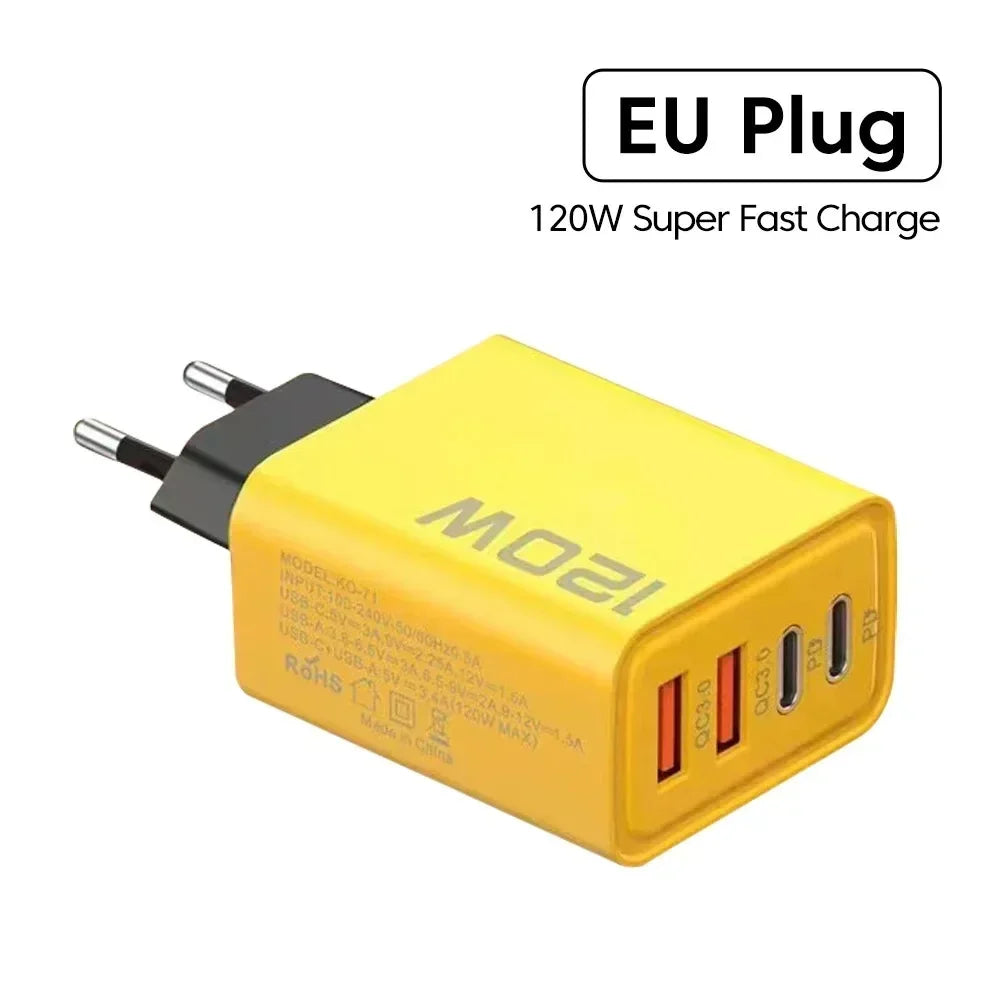 Total 120W Fast Charging Quick Charger PD USB Type-C Wall Adapter for iPhone 16/15/14 Xiaomi Huawei Redmi Oneplus Phone Charger