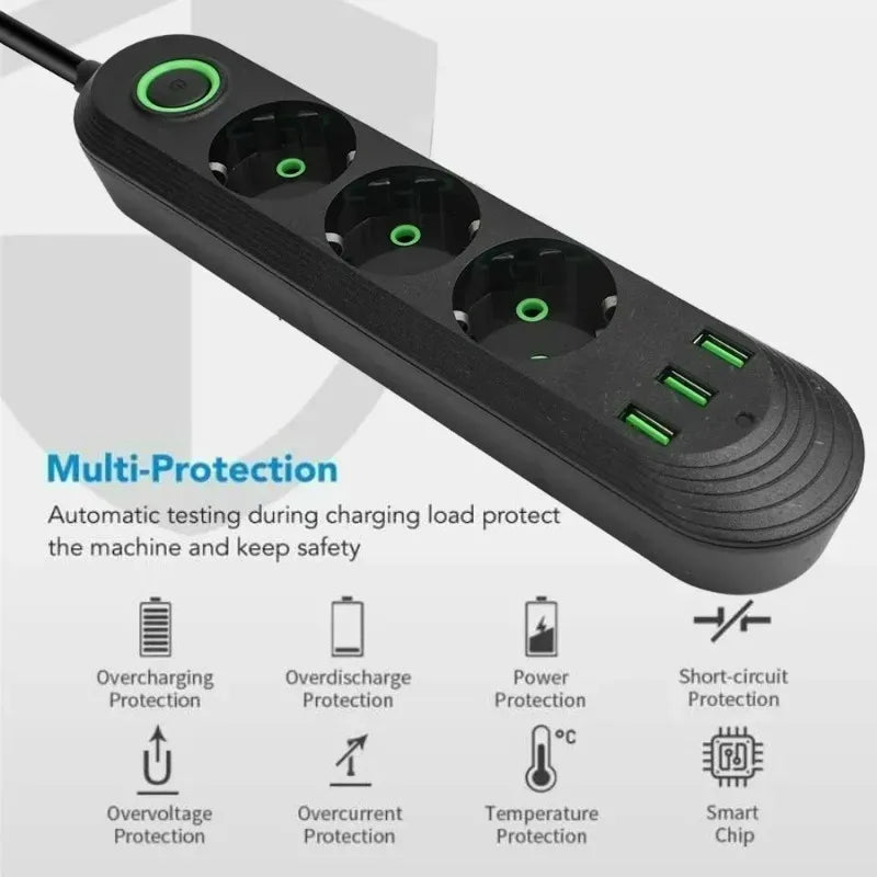 2M Cable EU Plug Power Strip with 3 USB Socket Network Filter Round Pin AC Outlet Ports Extension Cord Electrical Charge Adapter