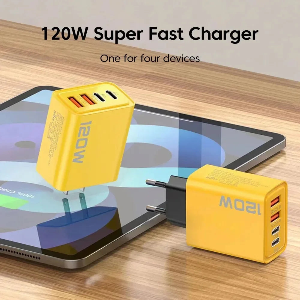 Total 120W Fast Charging Quick Charger PD USB Type-C Wall Adapter for iPhone 16/15/14 Xiaomi Huawei Redmi Oneplus Phone Charger