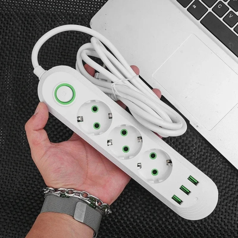2M Cable EU Plug Power Strip with 3 USB Socket Network Filter Round Pin AC Outlet Ports Extension Cord Electrical Charge Adapter