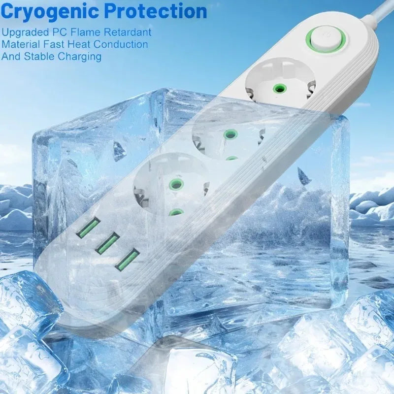 2M Cable EU Plug Power Strip with 3 USB Socket Network Filter Round Pin AC Outlet Ports Extension Cord Electrical Charge Adapter