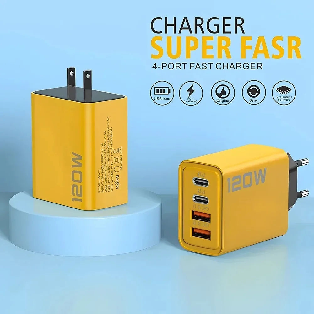 Total 120W Fast Charging Quick Charger PD USB Type-C Wall Adapter for iPhone 16/15/14 Xiaomi Huawei Redmi Oneplus Phone Charger