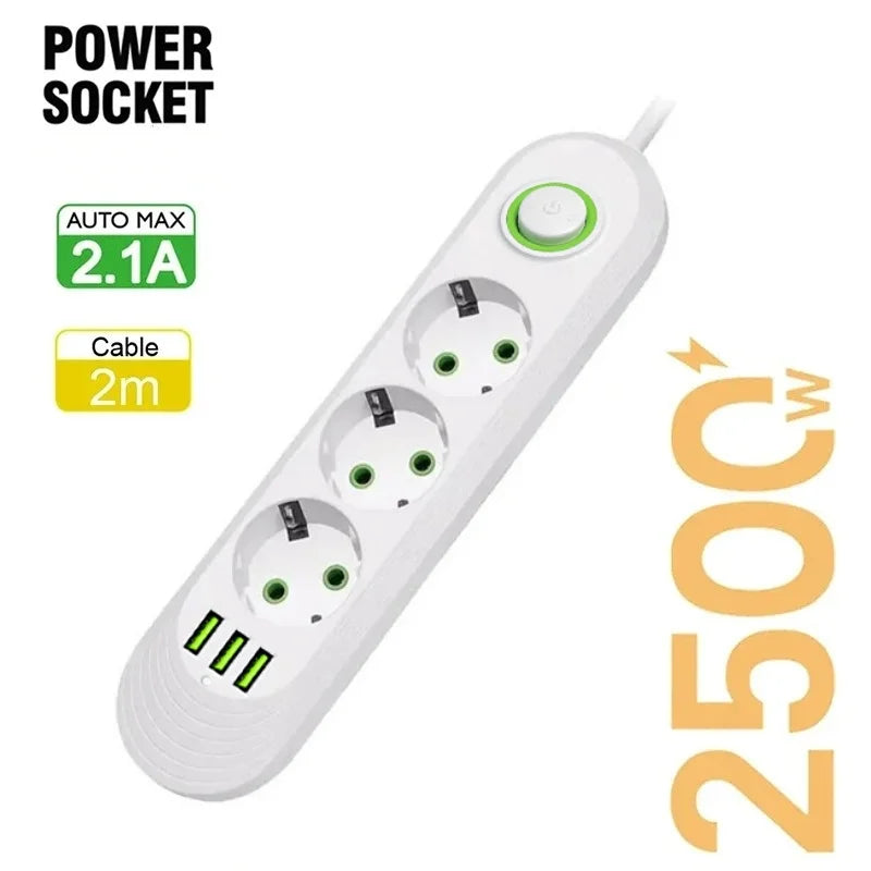 2M Cable EU Plug Power Strip with 3 USB Socket Network Filter Round Pin AC Outlet Ports Extension Cord Electrical Charge Adapter