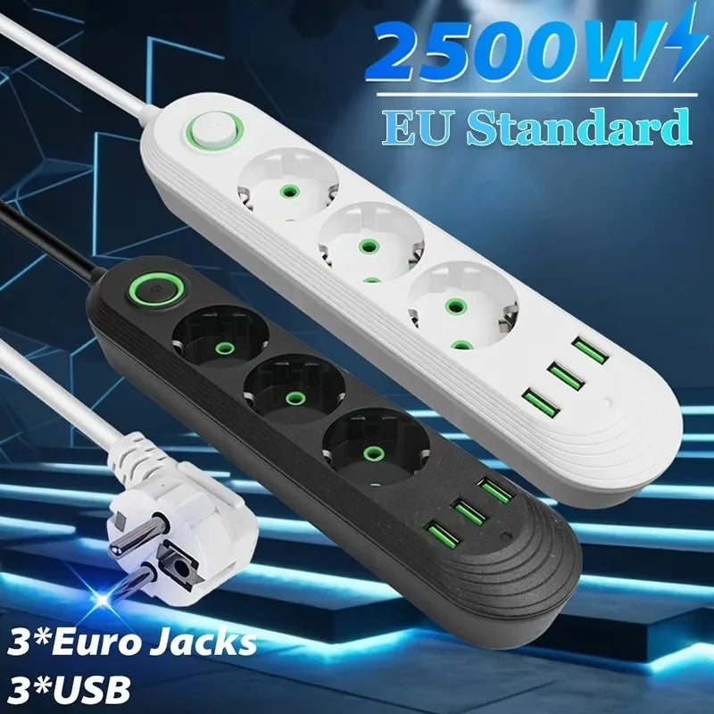 2M Cable EU Plug Power Strip with 3 USB Socket Network Filter Round Pin AC Outlet Ports Extension Cord Electrical Charge Adapter