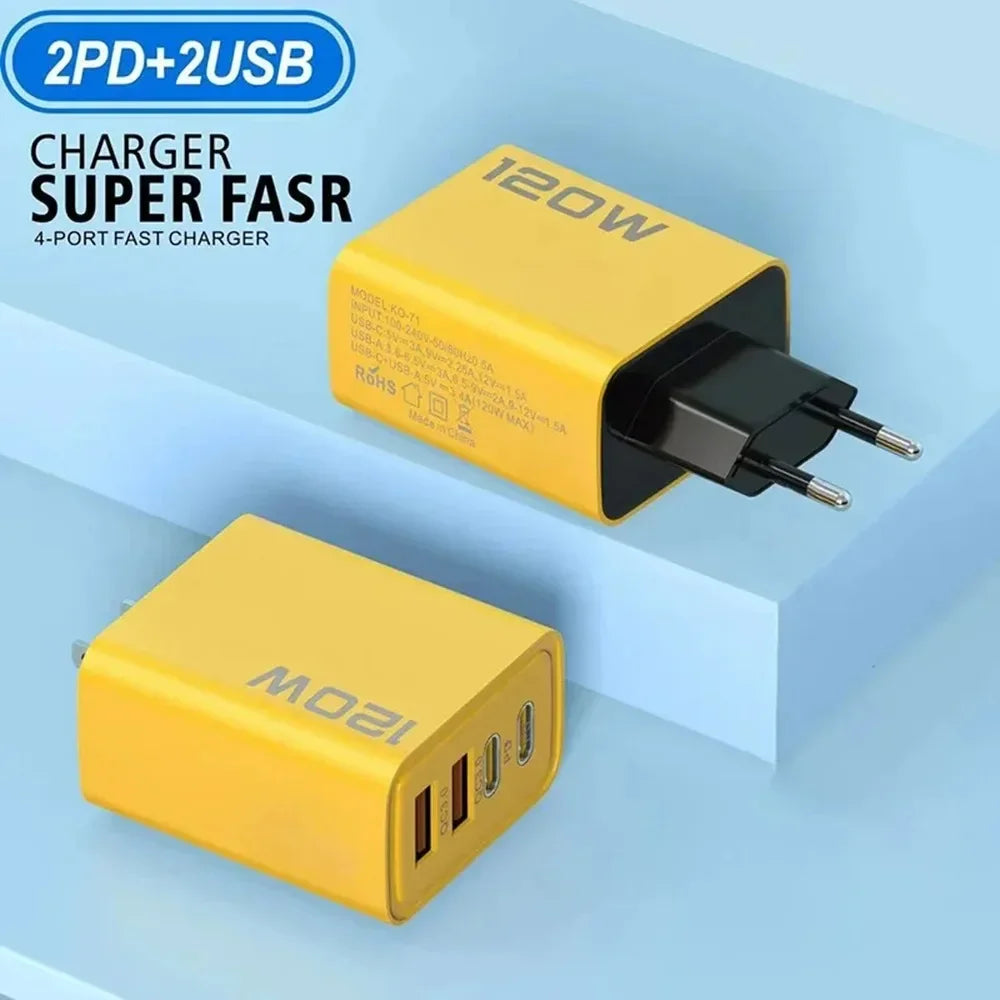 Total 120W Fast Charging Quick Charger PD USB Type-C Wall Adapter for iPhone 16/15/14 Xiaomi Huawei Redmi Oneplus Phone Charger