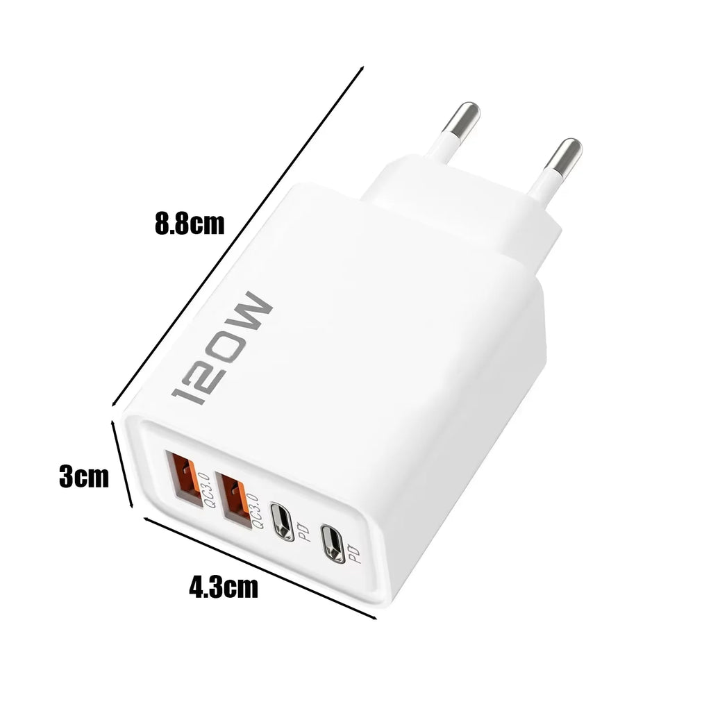 Total 120W Fast Charging Quick Charger PD USB Type-C Wall Adapter for iPhone 16/15/14 Xiaomi Huawei Redmi Oneplus Phone Charger