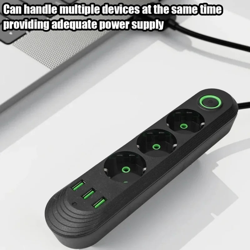 2M Cable EU Plug Power Strip with 3 USB Socket Network Filter Round Pin AC Outlet Ports Extension Cord Electrical Charge Adapter
